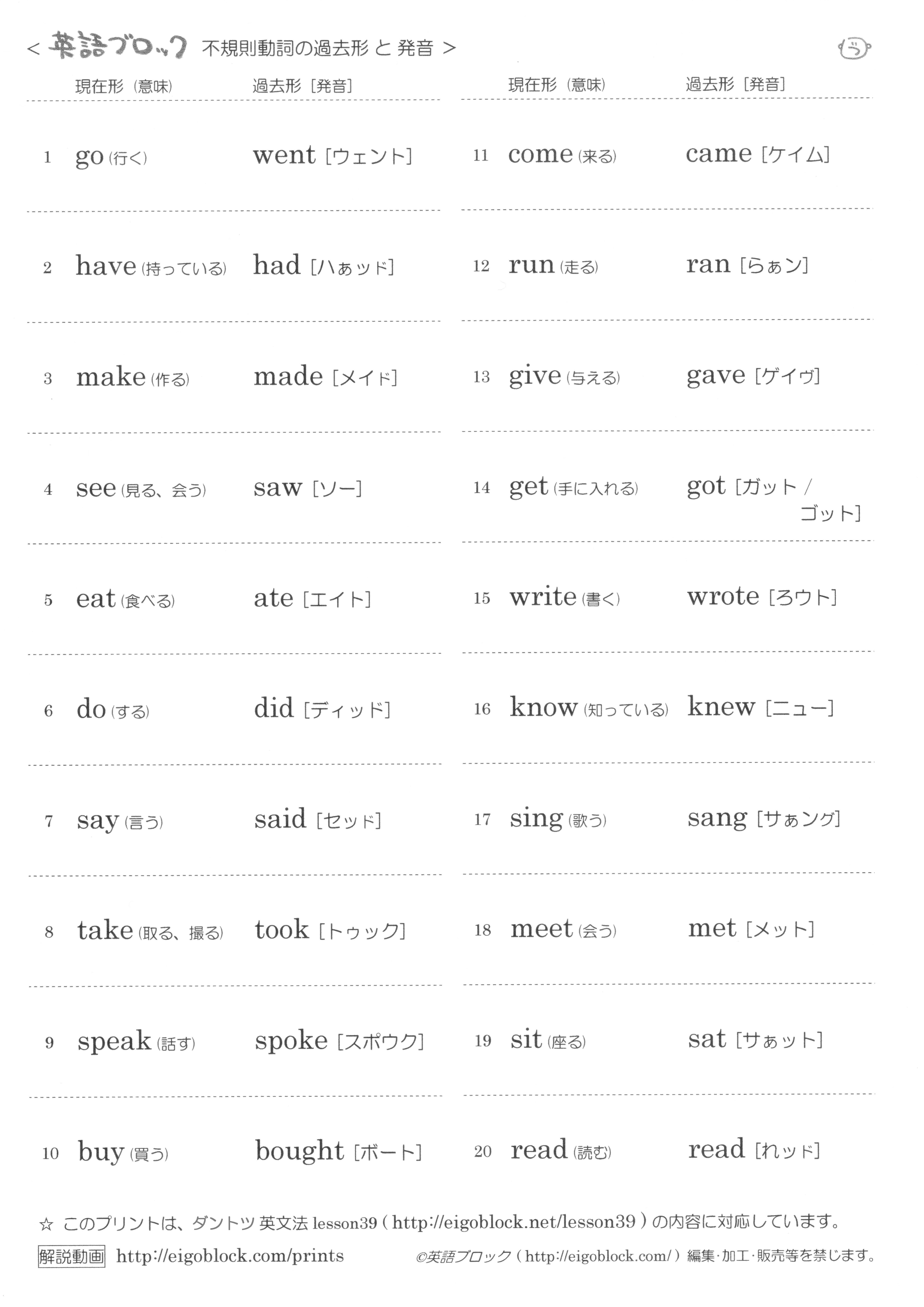 不規則動詞の過去形と発音 まとめプリント 無料プリント 英語ブロック