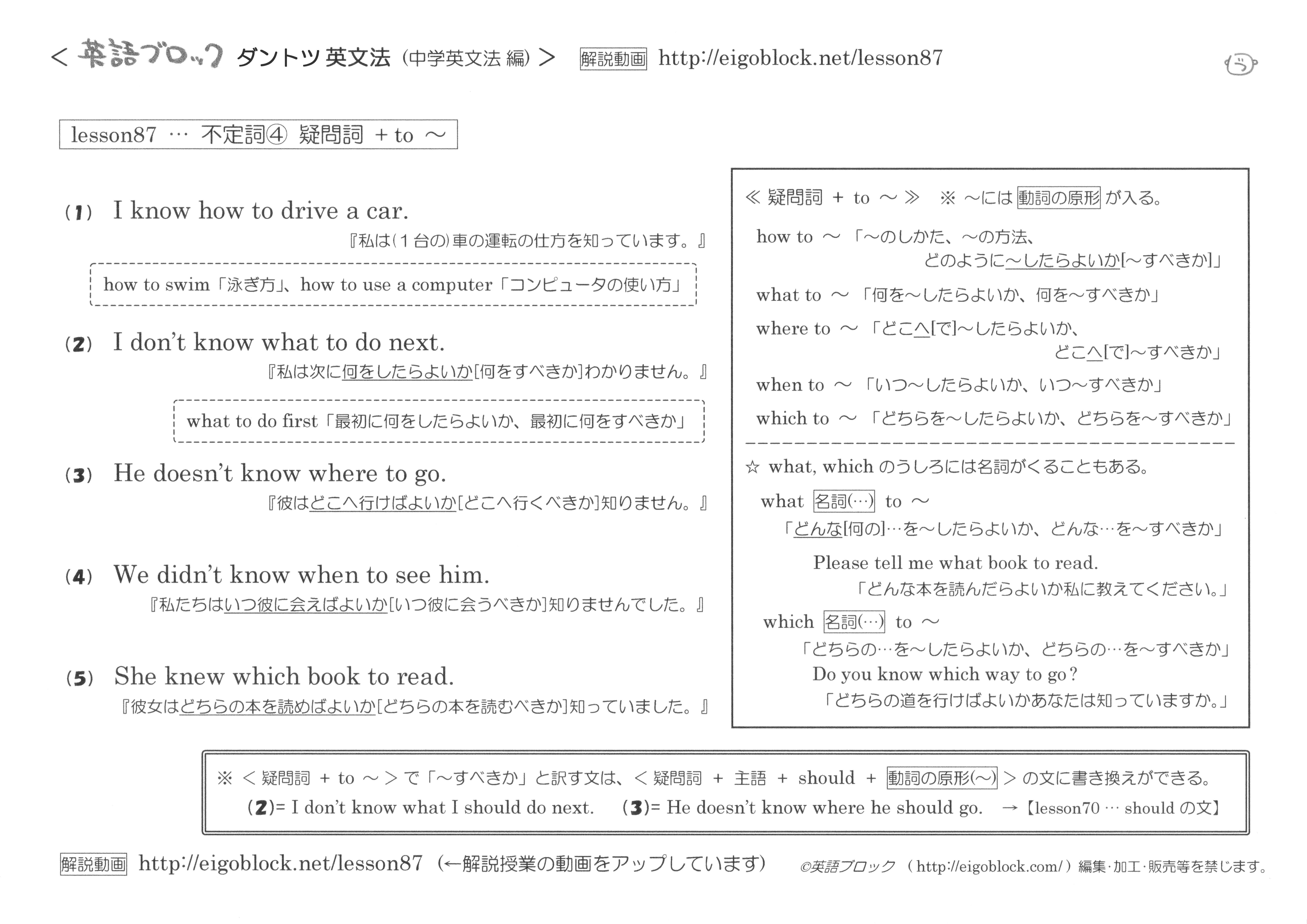 不定詞 疑問詞 不定詞 To まとめプリント ダントツ英文法 無料の説明動画 英語ブロック